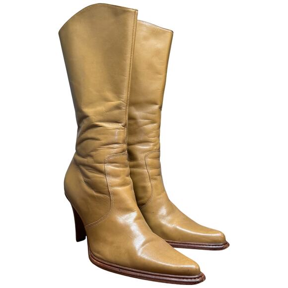 ANTONIO MELANI Jamie Glove Fit Women 9 Mid Calf Camel Leather Boots Pointed Toe - Picture 2 of 13